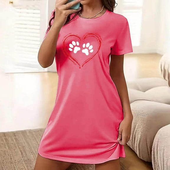 Royisotas Womens Nightgowns Hot Pink Plus Size Loungewear Short Short Sleeve Summer Comfortable Sleepwear for Ladies Solid Color