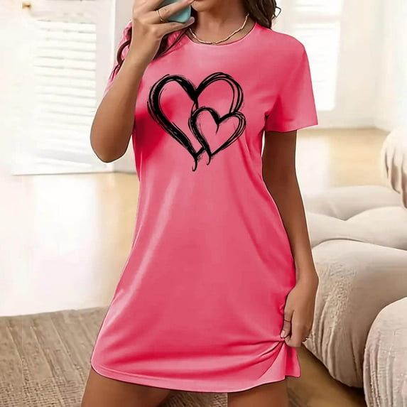 Elvqul Womens Nightgowns Plus Size Womens Loungewear Pull on Short Sleeve Hot Pink Nightgowns
