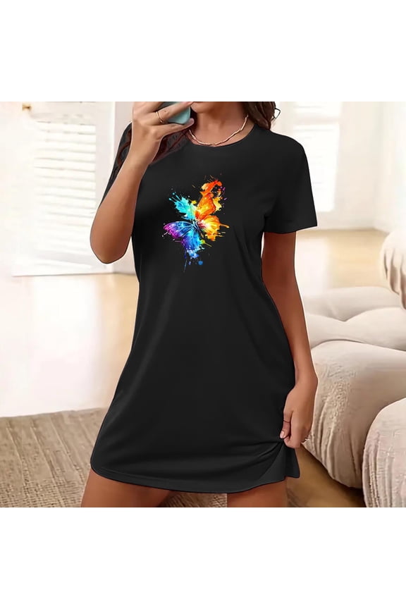 Womens Nightgowns Plus Size Pajamas Dress for Women Short Sleeve Short Pull on Black Nightgowns