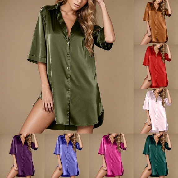 Elvqul Womens Nightgowns Plus Size Sleeveless Army Green Casual Solid Nighty Comfy Sleepwear Silk Satin Nightgowns