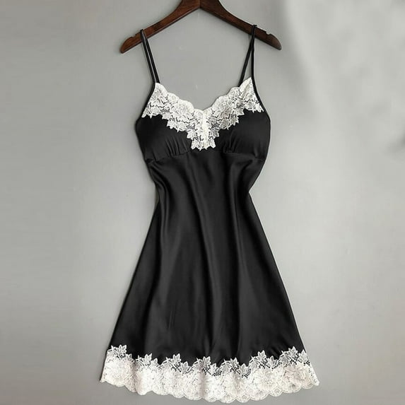 Royisotas Womens Nightgowns Short Casual Soft Pajamas Satin Black Plus Size V-Neck Solid Color Nightdress for Juniors