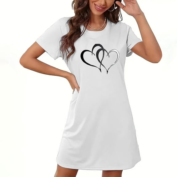 Elvqul Womens Nightgowns Short Sleeve Home Graphic Sleepwear Casual Summer Night Dress Crew Neck White Nightgowns