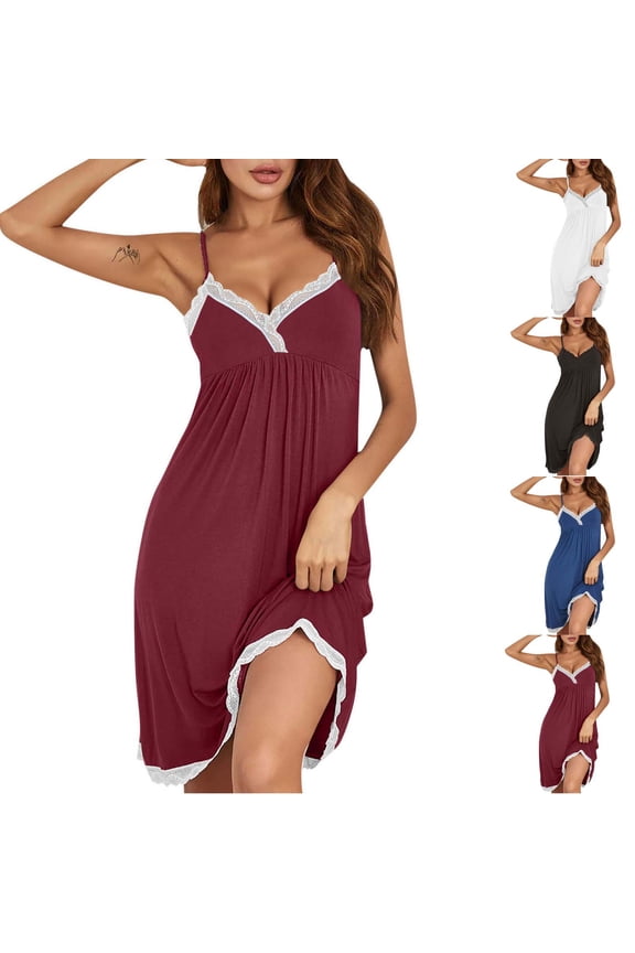 Womens Nightgowns Sleepwear Sleeveless Wine Lace Casual Sleepshirt for Ladies