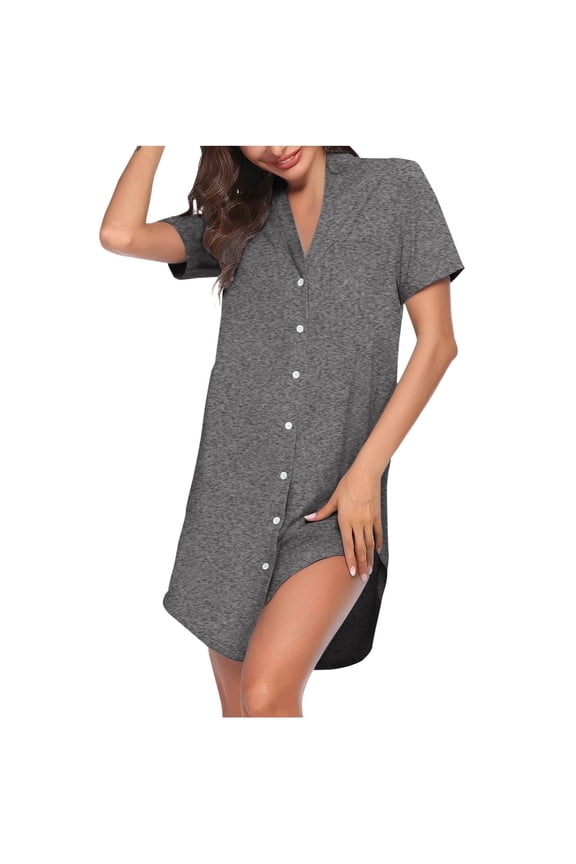 Womens Short Sleeve Nightgowns Home Loungewear Gray Casual Nighty Collared Solid with Pocket Button up Nightgowns