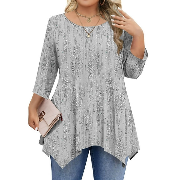 Elvqul Womens Oversized Tops Tunic Casual Blouses Crewneck Gray Plus Size Loose Shirts for Ladies