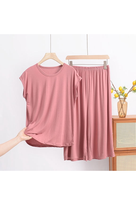 Womens Pajama Set Short Sleeve Modal Lounge Set Round Neck Pullover Summer Comfy Tee and Pants for Women Solid