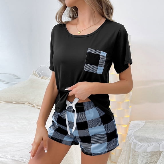 Elvqul Womens Pajamas Blue Pajamas Set Pokects Print Summer Crew Neck Drawstring Sleepwear for Womens Short Sleeve
