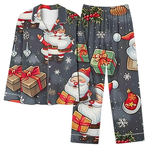 Elvqul Womens Pajamas Button up Loungewear Funny Long Sleeve Tops and Pants Christmas Casual 2-Piece Gray Pajamas Set for Women