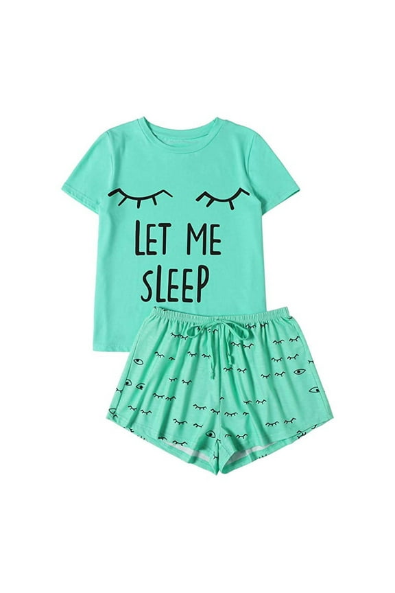 Womens Pajamas Under $10 2PC Elastic Tops and Shorts Green Womens Pajamas Set