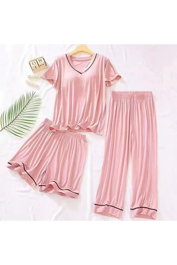 Womens Pajamas Under $10 3PC Pink Sleepwear Tops and Shorts and Pants Pajamas Set