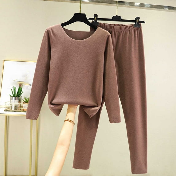 Elvqul Womens Pajamas Crew Neck Casual Pajamas Set Thickened Brown Lightweight Solid Color Loungewear for Ladies Long Sleeve
