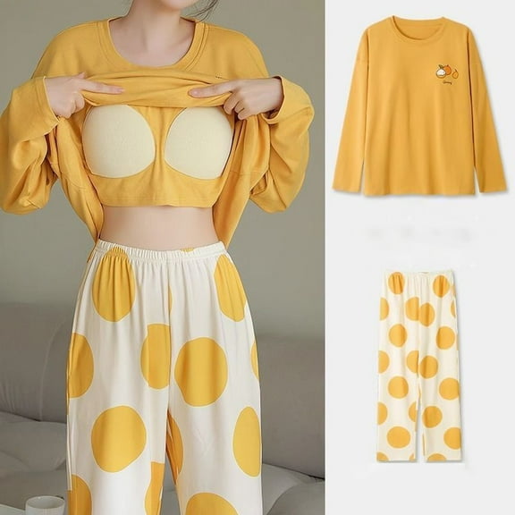 Elvqul Womens Pajamas Set Lightweight Crew Neck Casual Padded Home Sleepwear Print Yellow Long Sleeve Pullover Pajamas Set