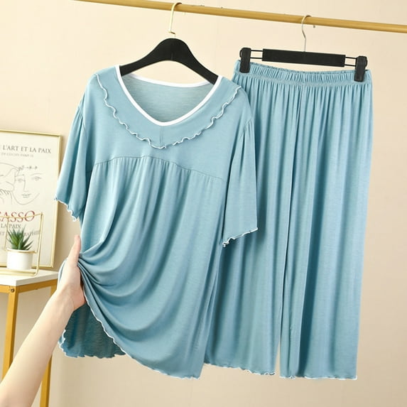 Elvqul Womens Pajamas Sets 6. Cotton 2PC Short Sleeve Light Blue Tops and Pants Pajamas Set