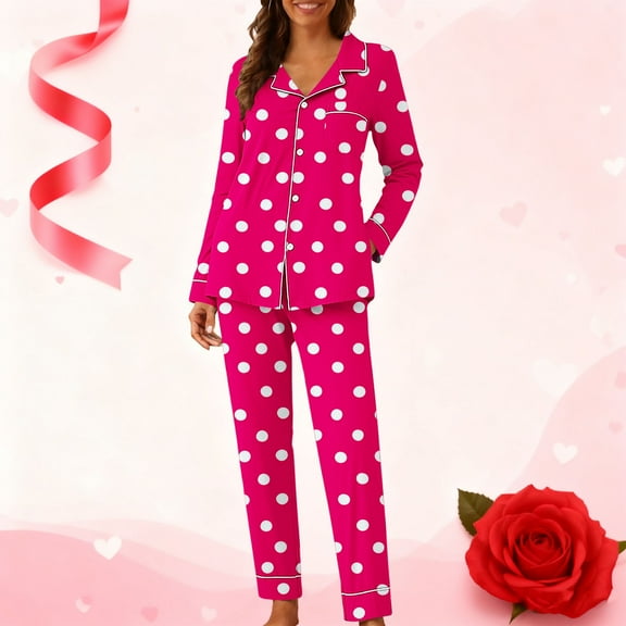 Elvqul Womens Pajamas Valetines Long Sleeve Collared Nightwear Pullover Casual Plus size 2 pc set Button Up Loungewear for Women Pink