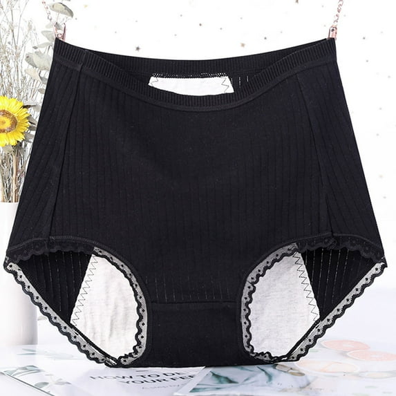 Elvqul Womens Panties Plus Size Period Comfortable High Waist Briefs Cotton Black Underwear Leak Proof Panties