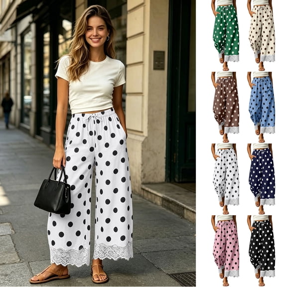 Elvqul Womens Pants Vintage Polka Dot Sweatpants with Pockets Elastic Waist Winter Wide Leg Bottoms for Women