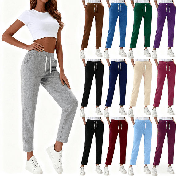 Elvqul Womens Pants with Pockets Elastic Waisted Plain Sky Blue Sweatpants for Juniors