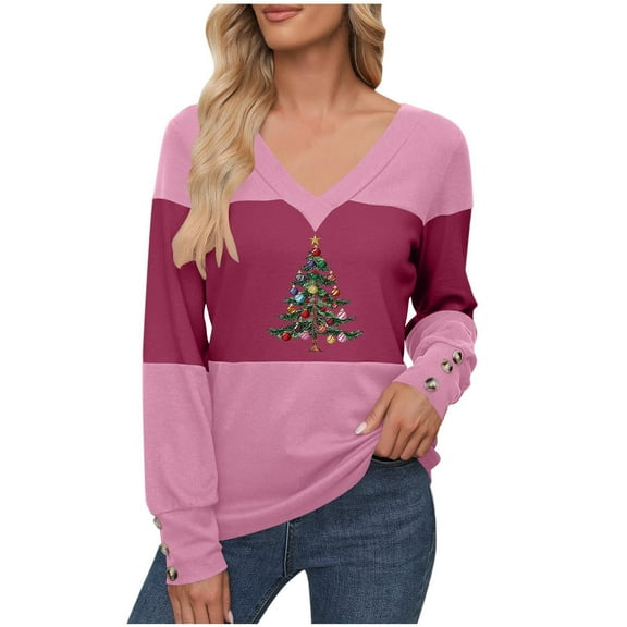 Elvqul Womens Party Tops Long Sleeve Shirts Hot Pink Pullover Block Christmas Blouses for Women V-Neck