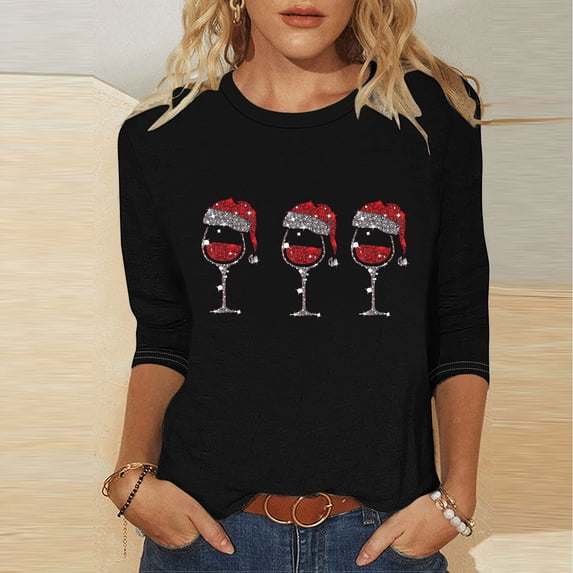 Elvqul Womens Party Tops Shirts Pullover 3/4 Sleeve Christmas Red Crewneck Blouses for Women Graphic