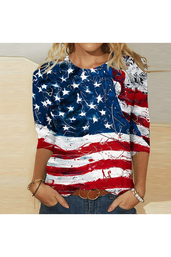 Womens Patriotic Shirts Independence Day Under 5 Tops 4th of July Red Pullover Retro American Flag Star Round Neck T Shirts for Juniors Short Sleeve