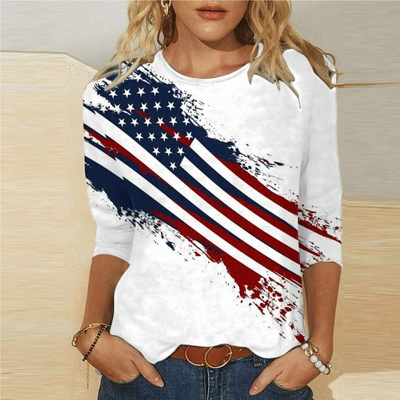Elvqul Womens Patriotic T-Shirts Independence Tops Fourth of July American Flag Star Blouses for Women Crew Neck
