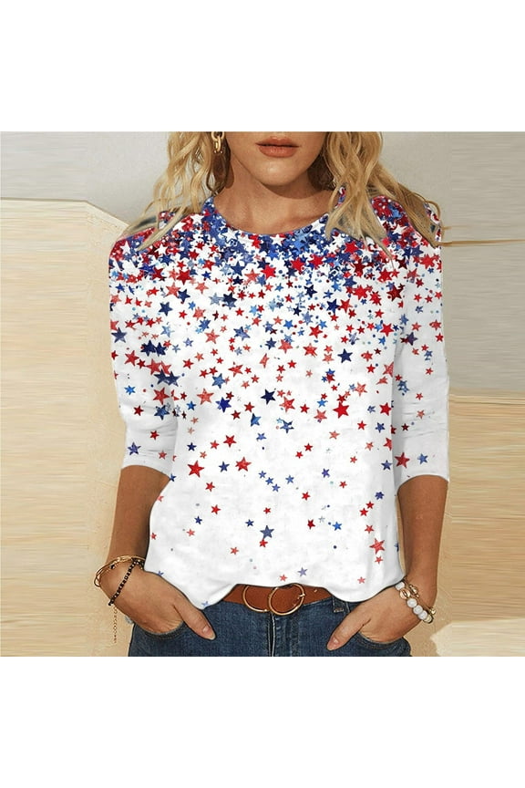 Womens Patriotic Tops American Flag Shirts Plus Size 4th of July Star Independence Day 3/4 Sleeve T Shirts for Juniors