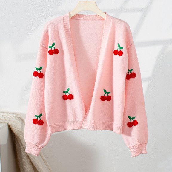 Vetsdori Womens Pink Sweaters Present V-Neck Open Front Cherry Pattern Holiday Warm Sweaters for Women Long Sleeve