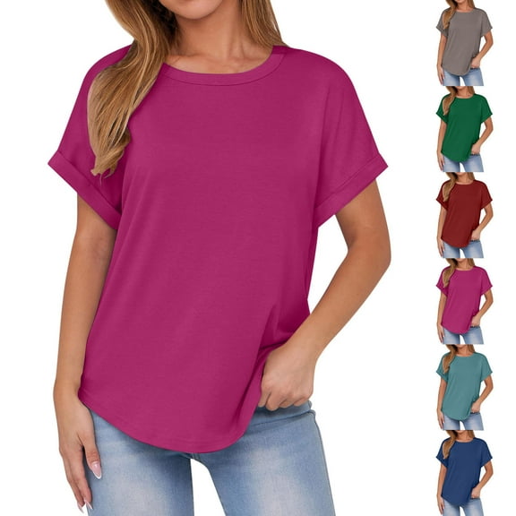 Elvqul Womens Plain Blouses Casual T Shirts Crewneck Hot Pink Short Sleeve Tops for Women