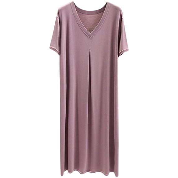 Elvqul Womens Pleated Dresses Plus Size Max Gown V Neck Short Sleeve Spring Solid Pajamas for Women Pleated