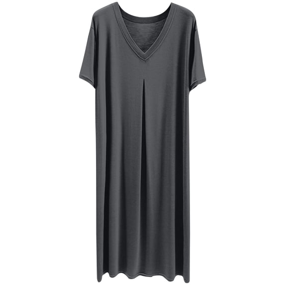 Elvqul Womens Pleated Dresses Short Sleeve Max Gown Plus Size V Neck Trendy Gray Formal Pajamas for Girl
