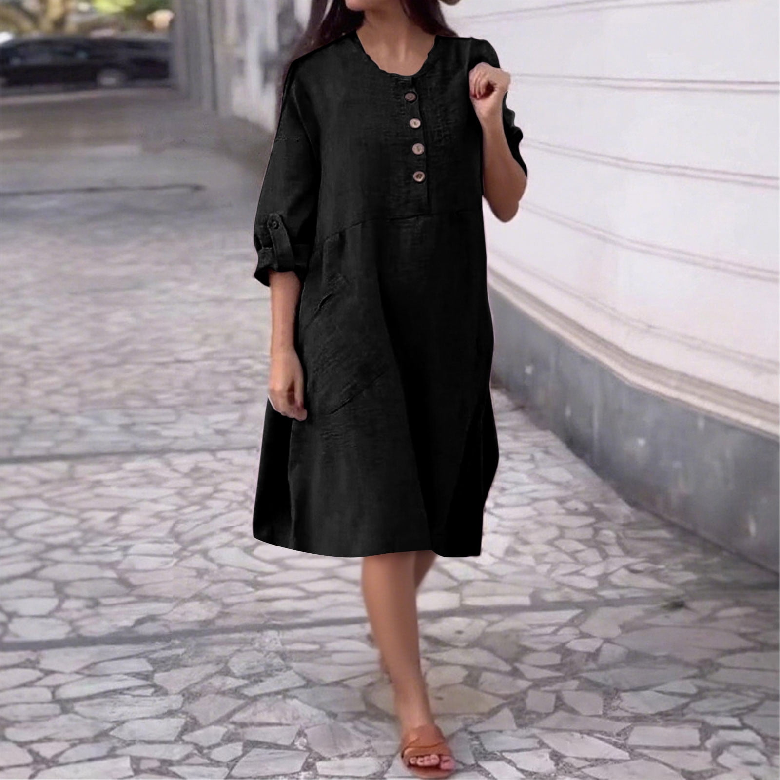 Elvqul Womens Plus Size Dresses Button Down Cotton Dress Black Winter Solid Color with Pockets Long Sleeve Dresses for Women Linen, Women's, Size: 4XL