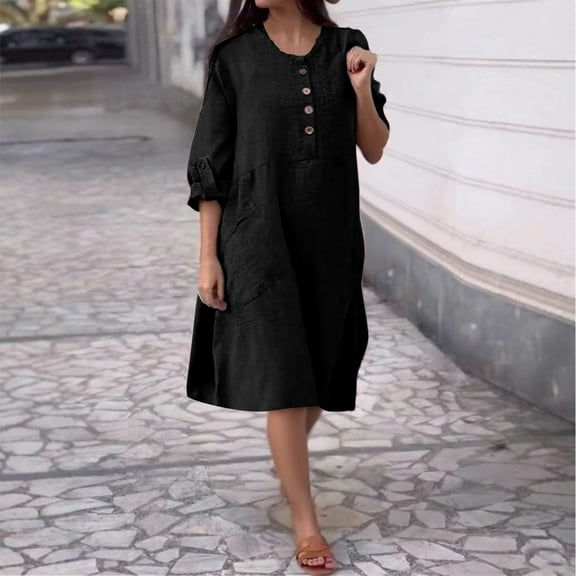 Elvqul Womens Plus Size Dresses Button Down Cotton Dress Black Winter Solid Color with Pockets Long Sleeve Dresses for Women Linen