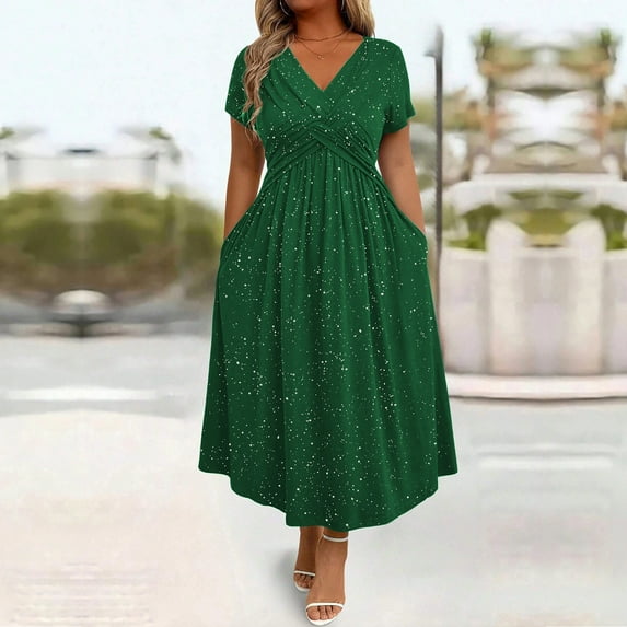 Elvqul Womens Plus Size Dresses V Neck Solid Max Gown Short Sleeve Summer with Pockets Ruffle Red for Ladies Formal