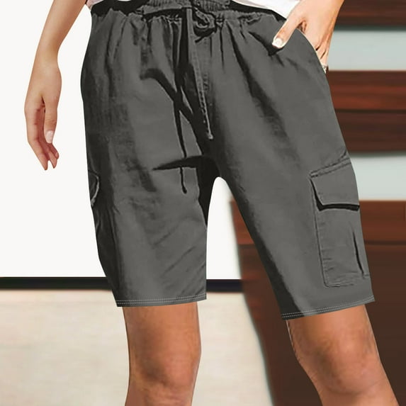Elvqul Womens Plus Size Shorts Cargo Gray Elastic Waist with Pockets Pants