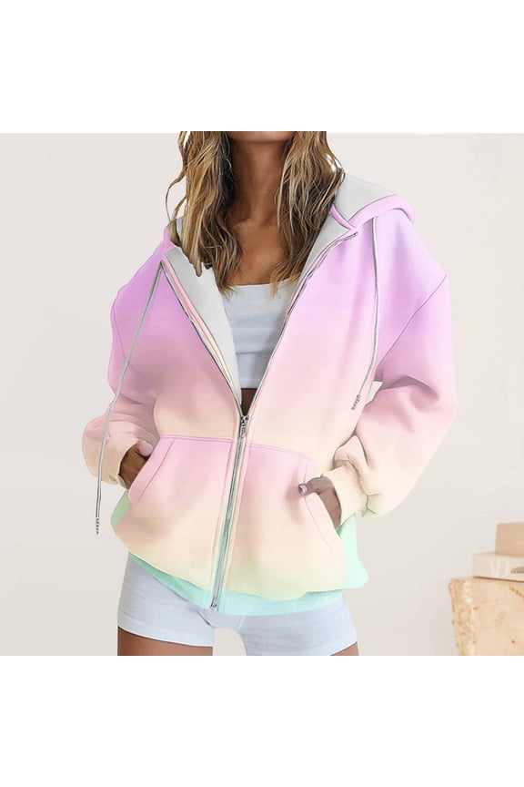 Womens Plus Size Sweatshirts Gradient Hoodies Zip-Up Long Sleeve Hooded Tops for Women