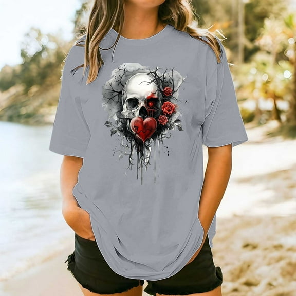 Elvqul Womens Plus Size T Shirts Graphic Tops Summer Gray under 10 Crew Neck Blouses for Women Fashion