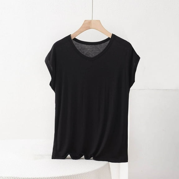 Elvqul Womens Plus Size Tops Loose Fit T Shirts Holiday V-Neck Summer Short Sleeve Blouses for Ladies Solid Color