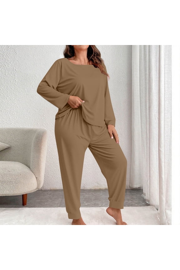 Womens Plus size Pajamas Pullover Crew Neck Nightwear Long Sleeve Sleepwear 2 pc set Breathable Loungewear for Ladies Black