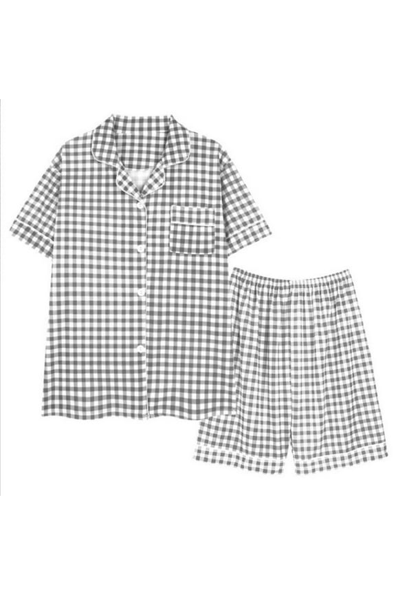 Womens Pockets Pajama Set Pullover Pjs Short Sleeve V Neck Solid Two Piece Top and Shorts for Women Casual