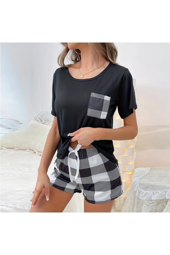 Womens Pokects Pajamas Drawstring White Pajamas Set Casual Short Sleeve Lightweight Print Sleepwear for Womens