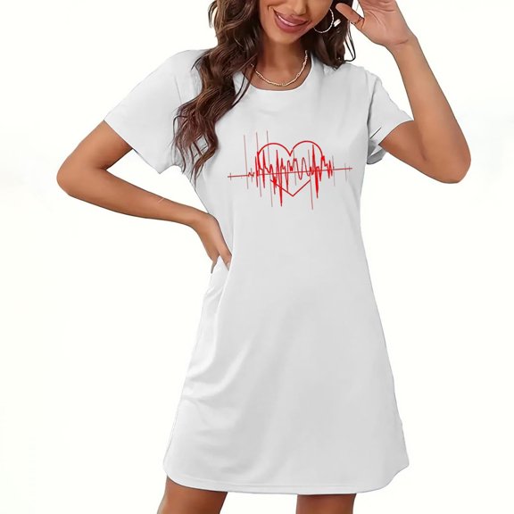 Elvqul Womens Print Nightgowns Summer White Home Plus Size Night Shirts Crew Neck Soft Night Dress Short Sleeve Nightgowns