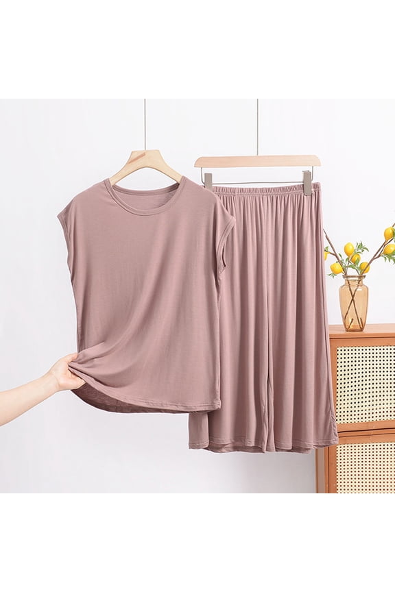 Womens Pullover Pajama Set Round Neck Lounge Set Modal Short Sleeve 2 Piece Soft Solid Tee and Pants for Women