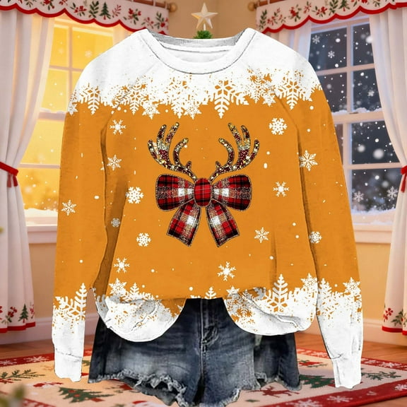 Elvqul Womens Pullover Shirts Loose Pattern Tops Crew Neck Long Sleeve Crewneck Shirts for Ladies Fashion