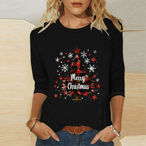 Elvqul Womens Pullover Tops 3/4 Sleeve Shirts Christmas Loose Merry Christmas Crewneck Graphic Blouses for Women Red
