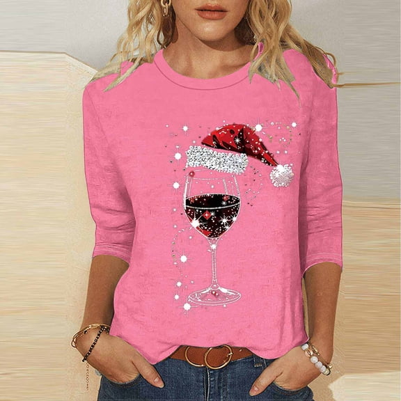 Elvqul Womens Pullover Tops Crewneck Graphic Shirts Loose Christmas 3/4 Sleeve Tops for Women