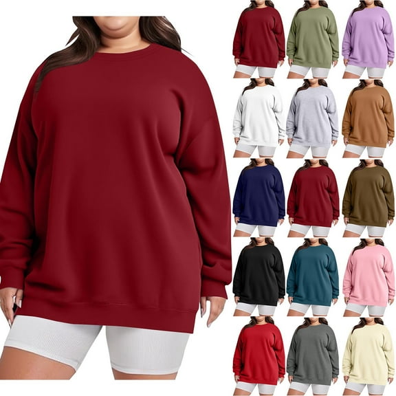 Elvqul Womens Pullover Tops Winter Crew Neck Loose Plus Size Long Sleeve Sweatshirts for Women