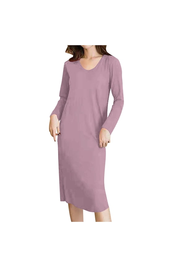 Womens Purple Nightgowns Winter Long Sleeve Sleepwear Comfortable Solid Color Padded Mid Length Nightdress for Ladies Crew Neck