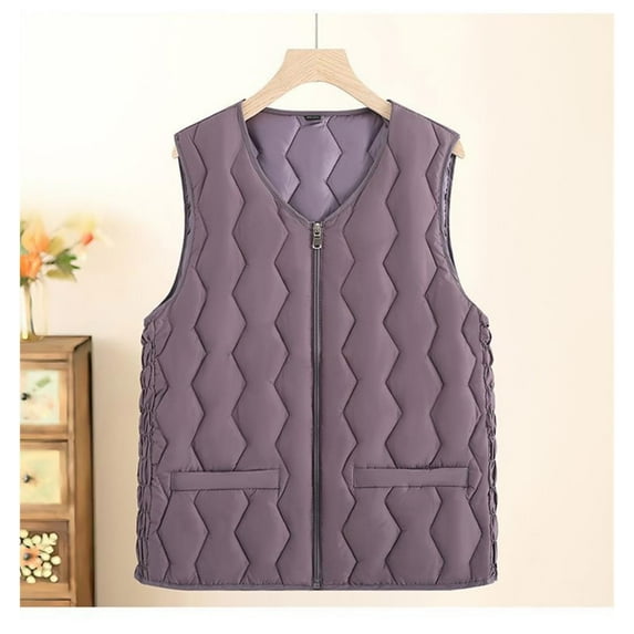 Elvqul Womens Quilted Vests Pockets Sleeveless Jackets Zipper Purple Winter Wram Plus Size Waistcoat for Ladies Solid Color