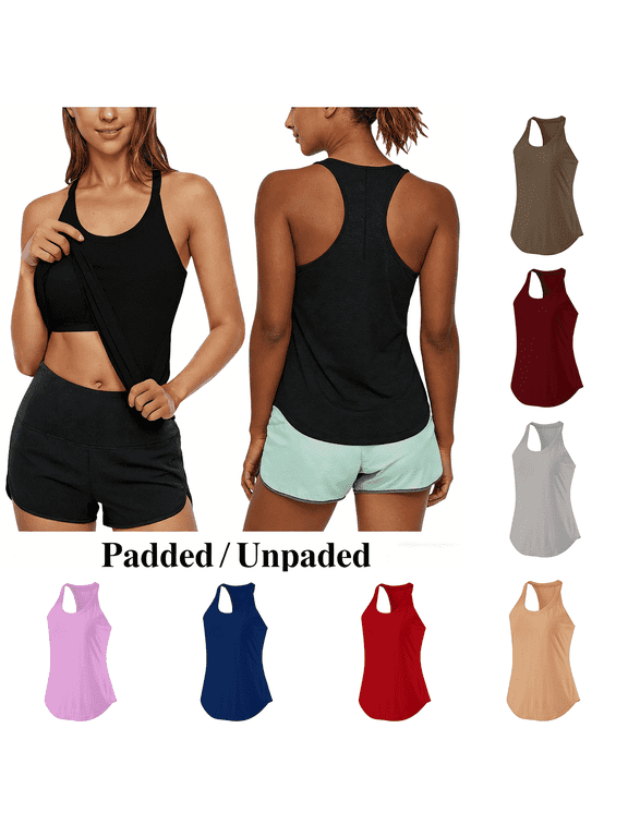Elvqul Womens Racerback Tank Top,Summer Sports with Built in Bras Loose Fit Padded/Unpadded,Workout Tank Tops for Women,Black Padded