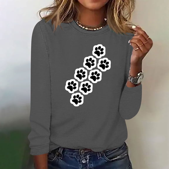 Elvqul Womens Relaxed Fit Shirts Crewneck Tops Pullover Long Sleeve Dog Paw Graphic Shirts for Women Casual